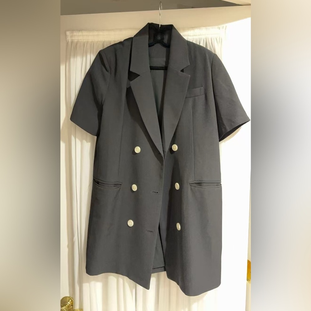 Gray Double-Breasted Blazer with White Buttons